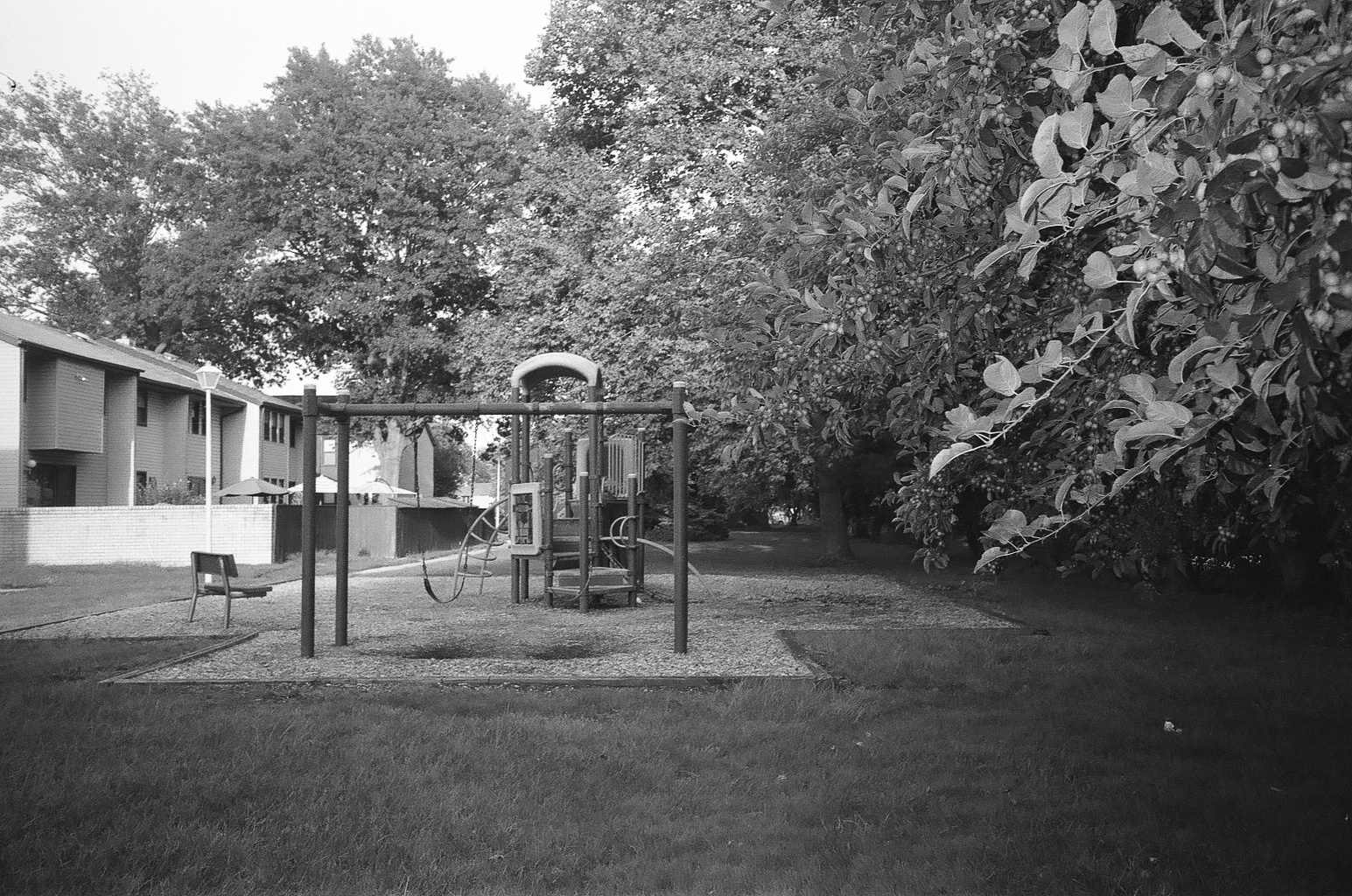 playground near the house, bw