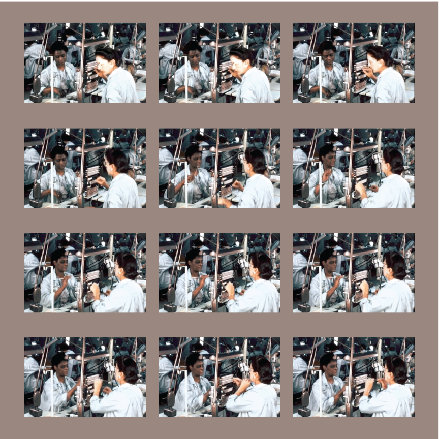 image stills of 2 factory workers, one Black woman and one white woman, fabricating a core rope module