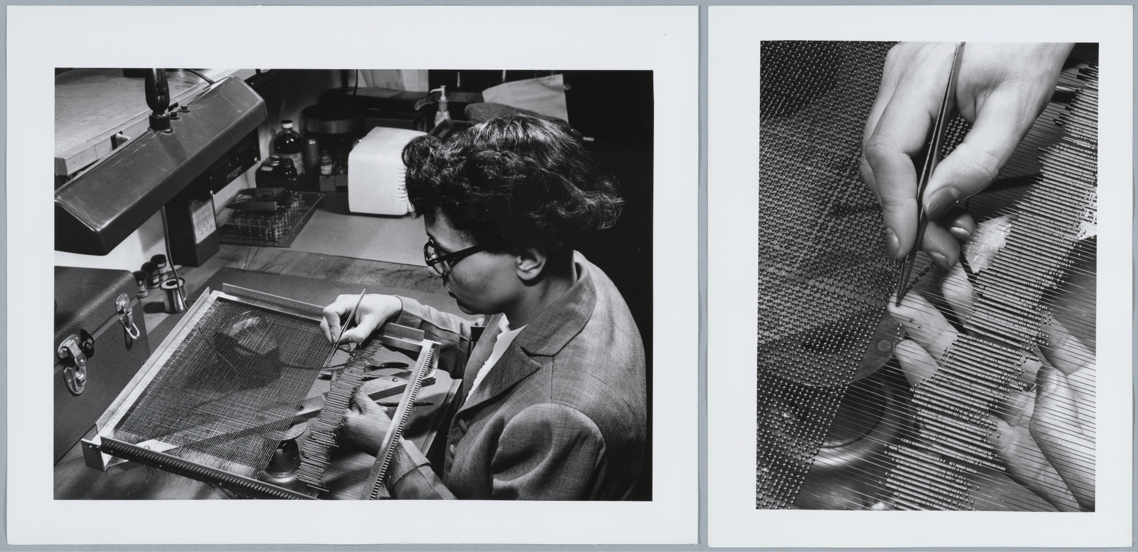 close up images of a woman fabricating a core rope module, one shot over her shoulder and one of her hands